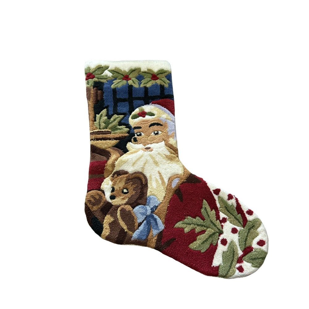 Vintage Finished Latch Hook Rug Wall Hanging Christmas Santa Stocking Shaped EUC
